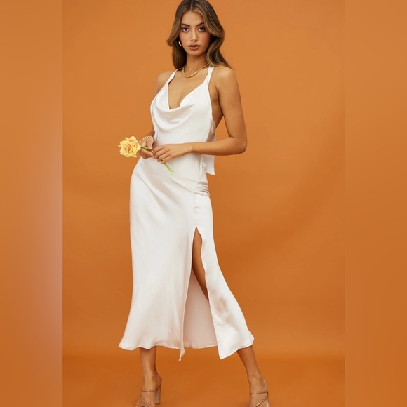 Selfie Leslie - CHAMPAGNE SHOWERS HALTERNECK SLIP MIDI DRESS CHAMPAGNE - Picture 1 of 8